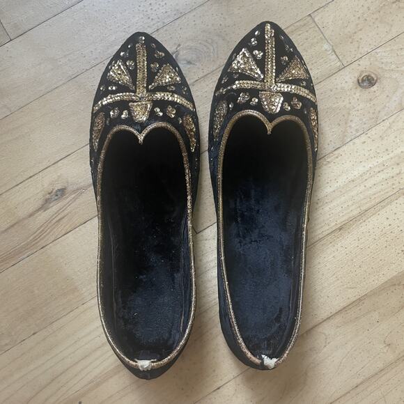 Vintage‎ Handmade Jutti Shoes Womens Size 7.5 Black Gold Beaded Pakistan Velvet - Picture 10 of 12